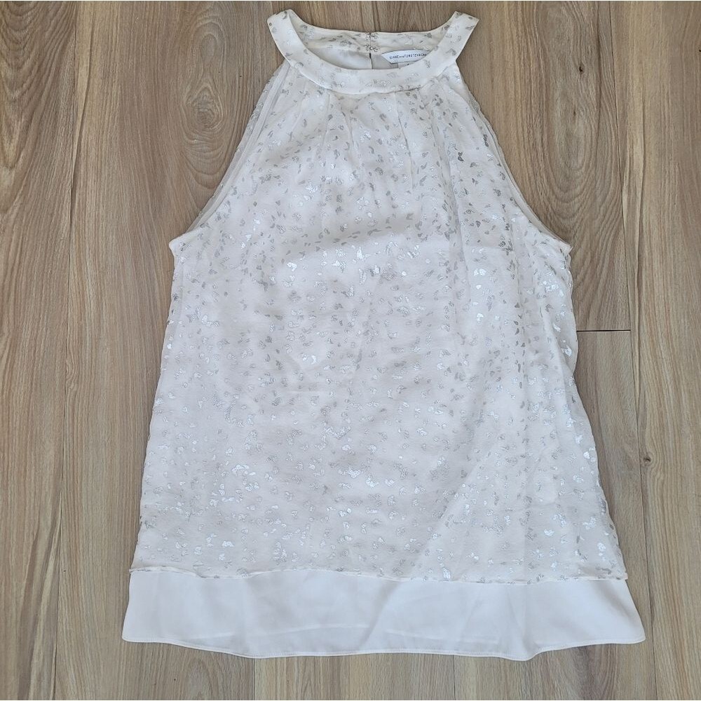 Diane Von Furstenberg Parvay Silk Blouse 4 White Silver Metallic Flutter Foil